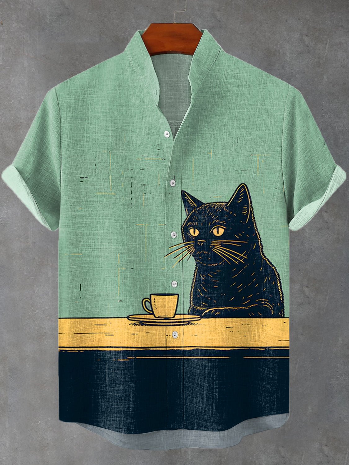 Men's Chilling Coffee Black Cat Print Casual Linen Blend Shirt