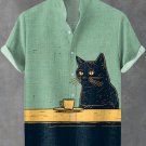 Men's Chilling Coffee Black Cat Print Casual Linen Blend Shirt