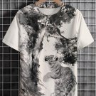 Men's Chinese Ink Painting Pine Tree Tiger Print Casual T-Shirt