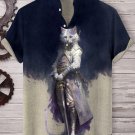 Men's Color Block Handsome Cat General Officer Print Shirt