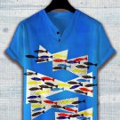 Men's Colorful Fish Passing Through Fishing Net Art Print Casual V Neck Button T-Shirt