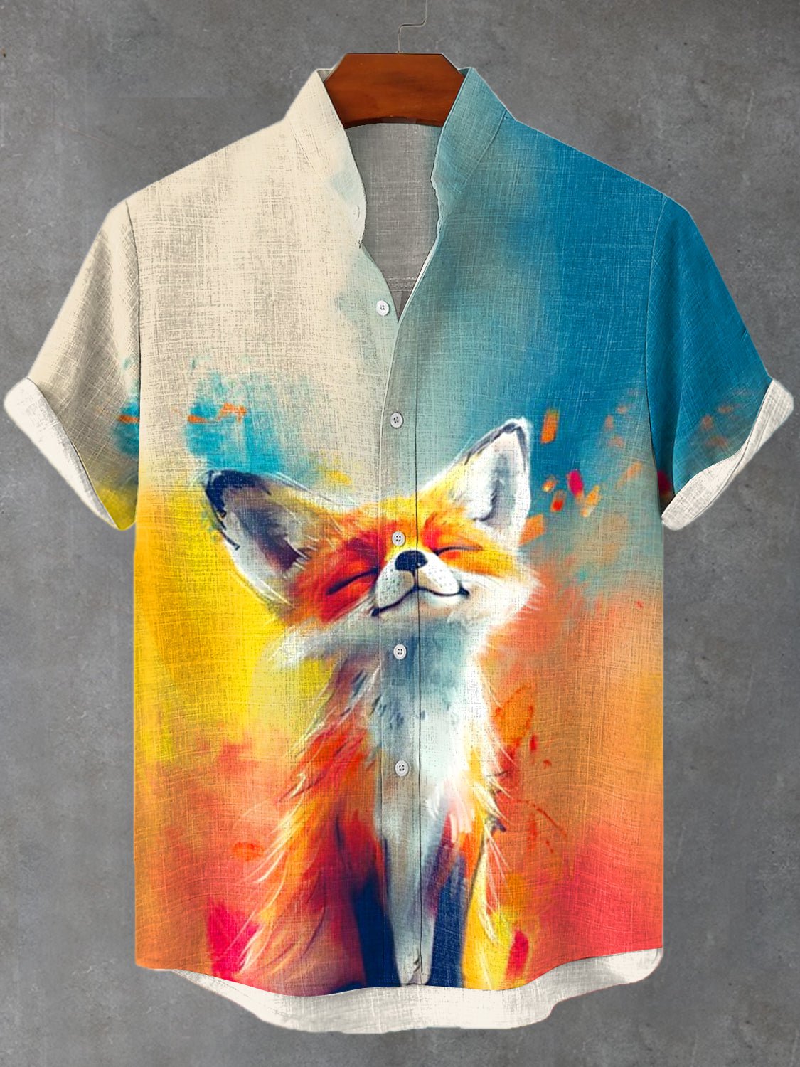 Men's Colorful Fox Splash Ink Watercolor Print Linen Blend Shirt