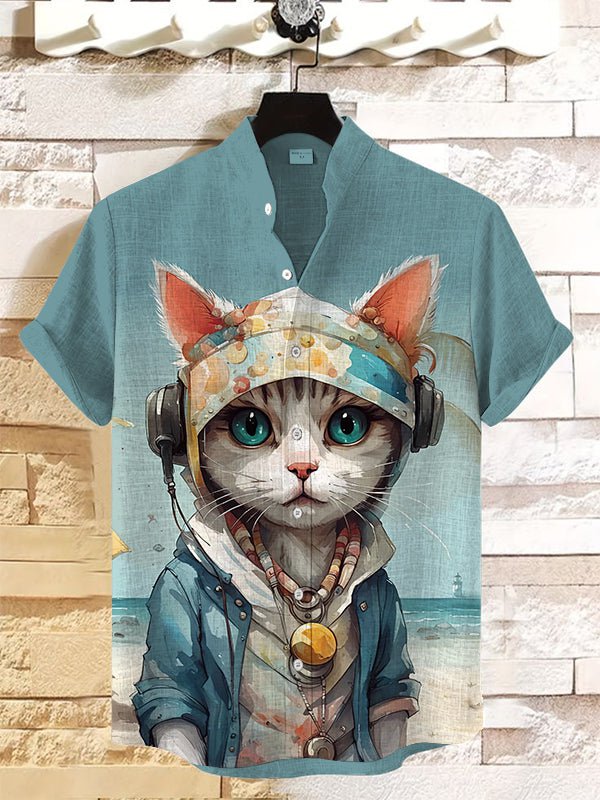 Men's Cool Cat At The Beach Art Print Linen Blend Shirt