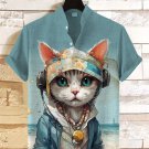 Men's Cool Cat At The Beach Art Print Linen Blend Shirt