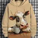 Men's Cow Drinking Coffee Art Print Hooded Sweatshirt