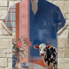 Men's Cow Window Vase View Color Block Art Print Casual Shirt
