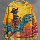 Men's Cowboy Black Cat And Dinosaur Art Print Knit Sweatshirt