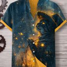 Men's Cowboy Cat Looking Up At The Stars Oil Painting Print Shirt