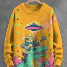 Men's Dinosaur Cat Guitar Player UFO Sci-Fi Art Print Knit Sweatshirt