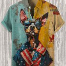 Men's Dog Patriot Oil Painting Art Print Linen Blend Short Sleeve Shirt
