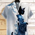 Men's Elegant Sakura Kimono Cat Art Print Linen Blend Casual Shirt
