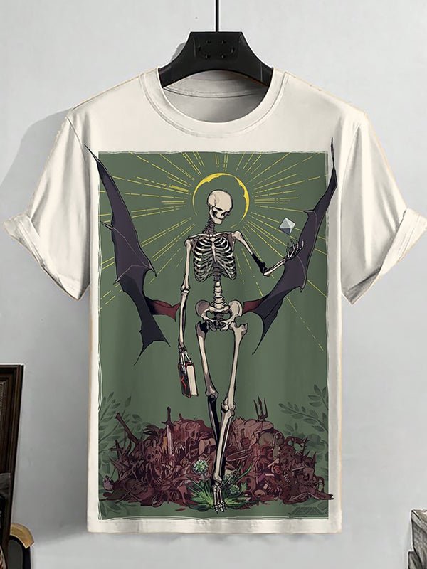 Men's Evil Holy Halo Skeleton Skull Bat Wing Illustration Art Print T-Shirt