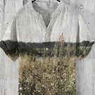 Men's Field Landscape Oil Painting Print Half Button Linen Blend Shirt