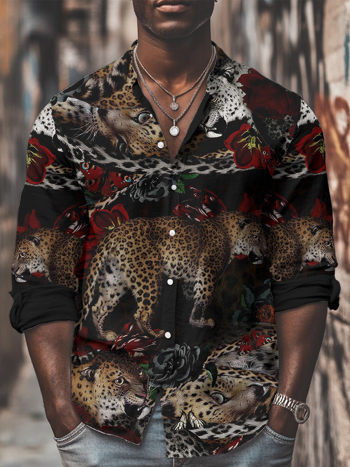 Men's Floral Leopard Art Print Long Sleeve Shirt
