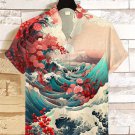 Men's Floral Sea Wave Japanese Art Print Linen Blend Shirt