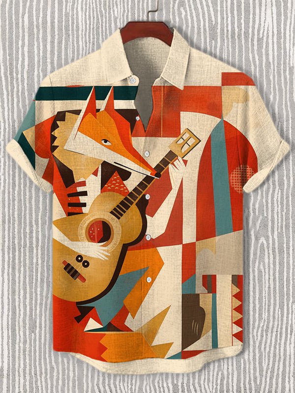 Men's Fox Playing Guitar Geometric Abstract Art Print Casual Shirt