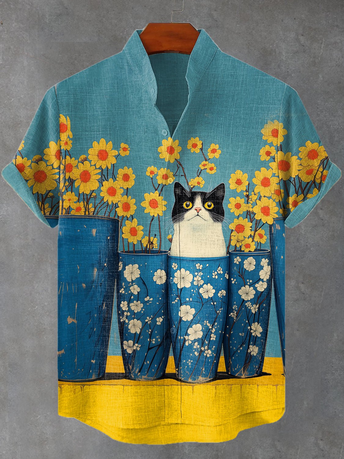 Men's Fun Boho Flowers Vase Cat Art Print Casual Shirt
