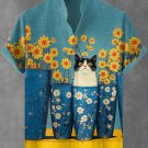Men's Fun Boho Flowers Vase Cat Art Print Casual Shirt