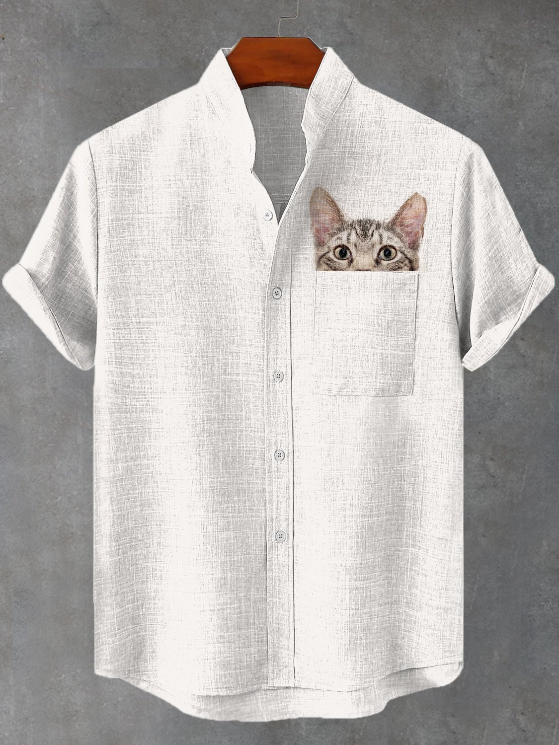 Men's Fun Cat Peeking Art Print Pocket Linen Blend Shirt