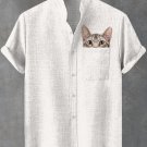 Men's Fun Cat Peeking Art Print Pocket Linen Blend Shirt