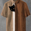 Men's Fun Hide And Seek Black Cat Print Half Button Casual Shirt