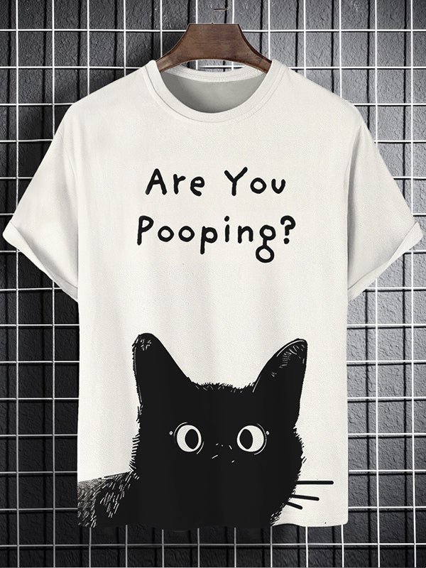 Men's Funny Black Cat Are You Pooping Graphic Print T-Shirt