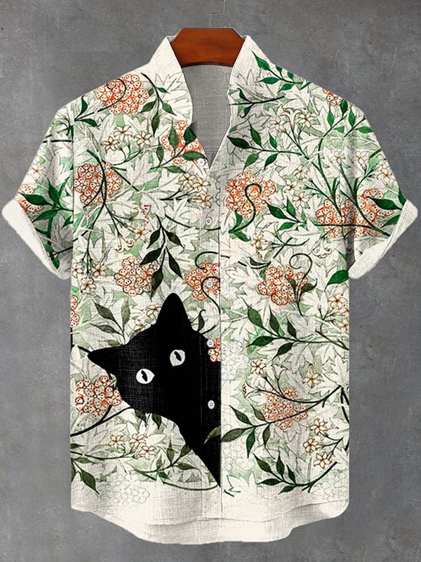 Men's Funny Boho Flowers Black Cat Art Print Linen Blend Shirt