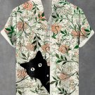 Men's Funny Boho Flowers Black Cat Art Print Linen Blend Shirt