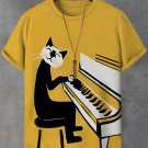 Men's Funny Cat Playing Piano Illustration Print Casual T-Shirt