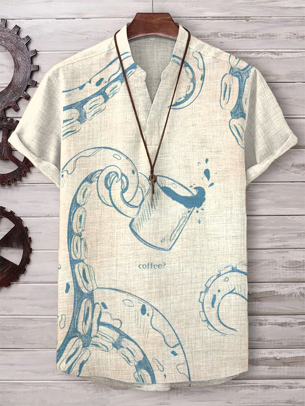 Men's Funny Octopus Coffee Art Print V Neck T-Shirt