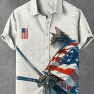 Men's Funny Patriotic Robe Warrior Cat Art Print Linen Blend Shirt