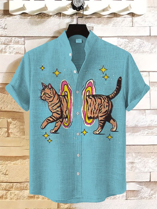 Men's Funny Shuttle Cat Print Linen Blend Shirt