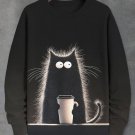 Men's Furry Black Cat Holding Coffee Print Casual Long Sleeve Sweatshirt