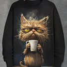 Men's Furry Cat Holding Coffee Print Casual Long Sleeve Sweatshirt