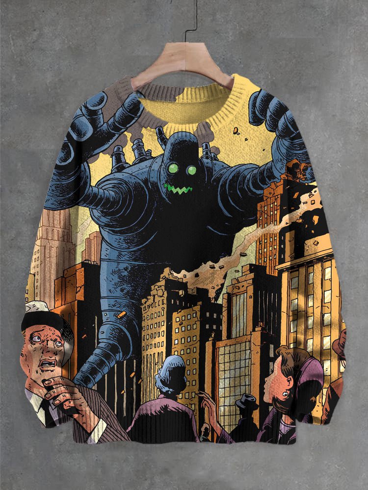 Men's Future Sci-Fi Robots Destroying Cities Art Print Knit Sweatshirt