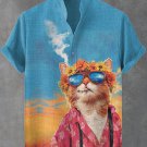Men's Garland Hippie Cat Smoking Sunset Print Casual Shirt
