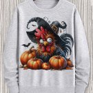 Men's Halloween Funny Rooster Witch Hat Pumpkins Print Casual Sweatshirt