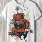 Men's Halloween Pumpkin Black Cat Illustration Print T-Shirt