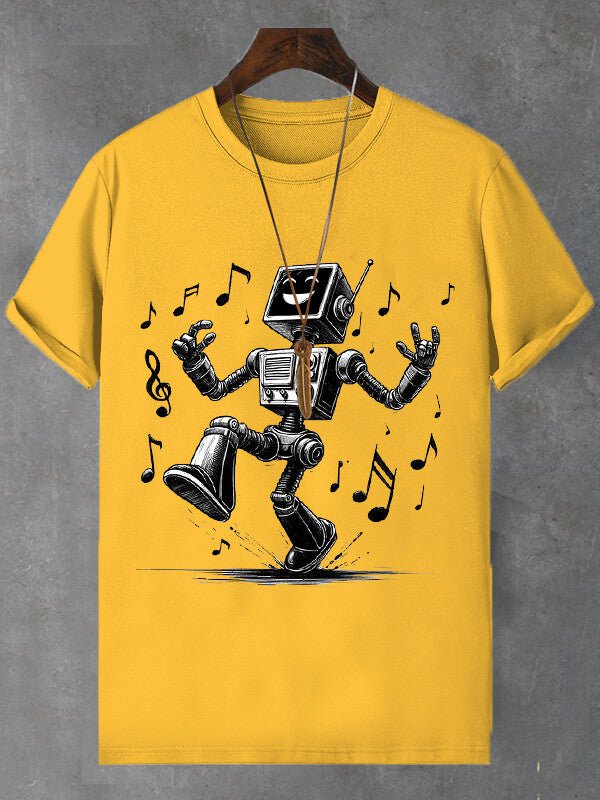Men's Happy Singing Robot Print Cotton Casual T-Shirt