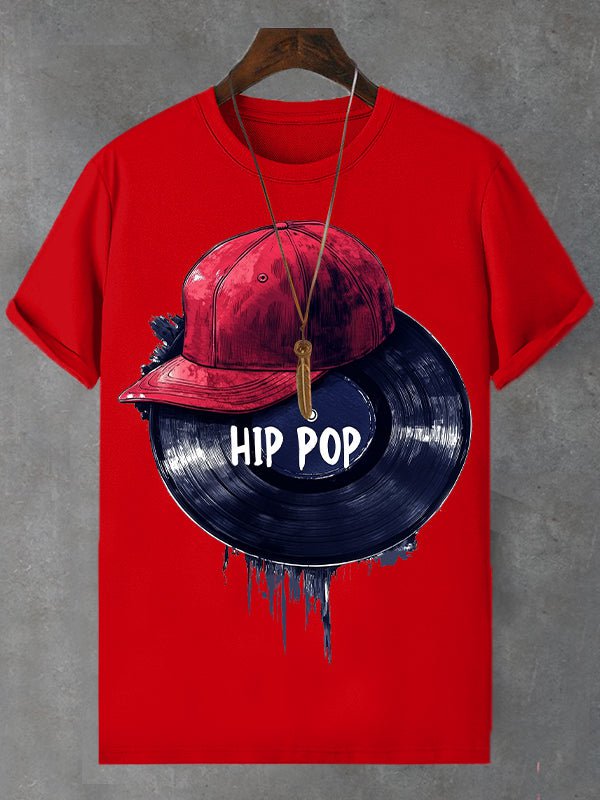 Men's Hip Pop Record Hat Print Cotton Casual T-Shirt