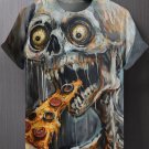 Men's Horrible Devil Skulls Eat Pizza Oil Painting Print T-Shirt