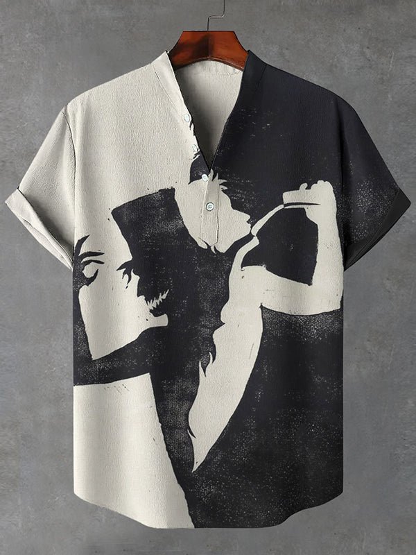 Men's Horror Death Devil Color Block Art Print Half Button Linen Blend Shirt