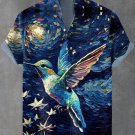 Men's Hummingbirds Fly Starry Night Oil Painting Print Linen Blend Shirt