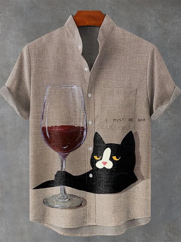 Men's I Must Be God Cat Drinking Red Wine Print Funny Linen Blend Shirt