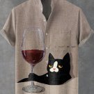 Men's I Must Be God Cat Drinking Red Wine Print Funny Linen Blend Shirt