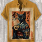Men's Japanese Art Black Cat Drinking Coffee Print Shirt