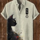 Men's Japanese Art Ink Painting Cat Print Short Sleeve Shirt
