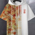 Men's Japanese Art Maple Leaf Patchwork Striped Print Hooded T-Shirt
