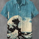 Men's Japanese Black Cat Wave Ukiyo-e Print Linen Blend Shirt
