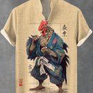 Men's Japanese Fun Rooster Samurai Print Short Sleeve Linen Blend Shirt